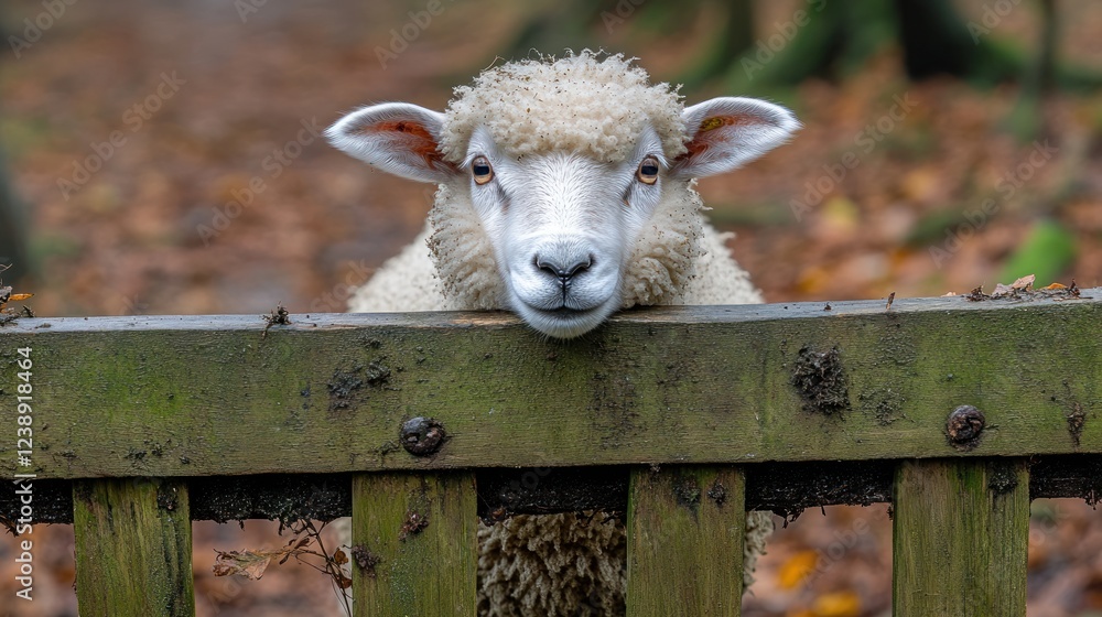 Fototapeta premium Curious sheep peeking over wooden fence.
