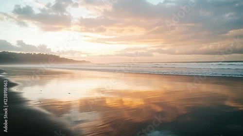 serene sunrise scene at a beach, with the sky transitioning from dark blue to light pink and gold, reflecting off the still water and casting a soft glow on the sand. Sunset.Sunrise over a beach 