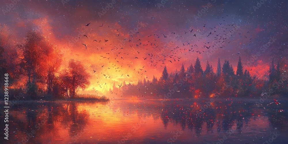 Fototapeta premium A flock of migratory birds flying across a vast wetland under a glowing orange sunset, their reflections shimmering on the water. The peaceful scene symbolizes the potential spread of avian 