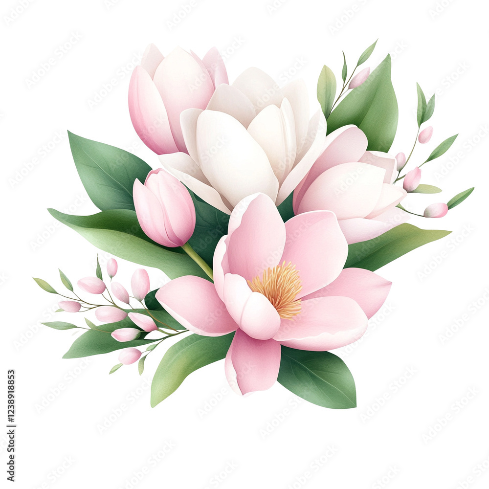 Naklejka premium Beautiful floral arrangement featuring magnolia and tulip flowers.