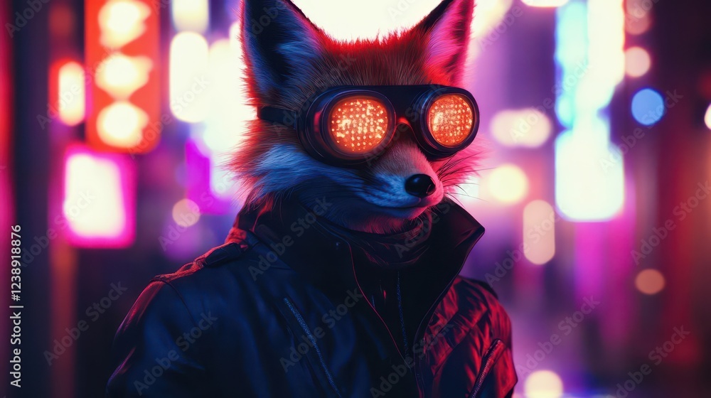 urban fox wearing retro aviator goggles and leather jacket, against neon city lights bokeh, cyberpunk street style urban fox wearing retro aviator goggles and leather jacket, against neon city lights bokeh, cyberpunk street style