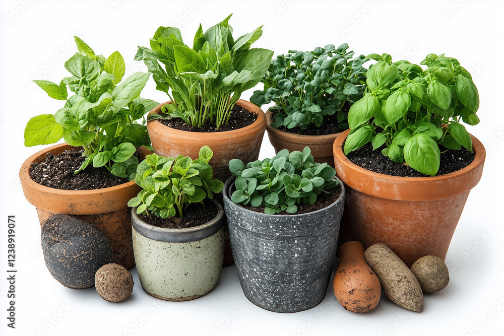 Fototapeta premium several clay pots with seedlings on a white background