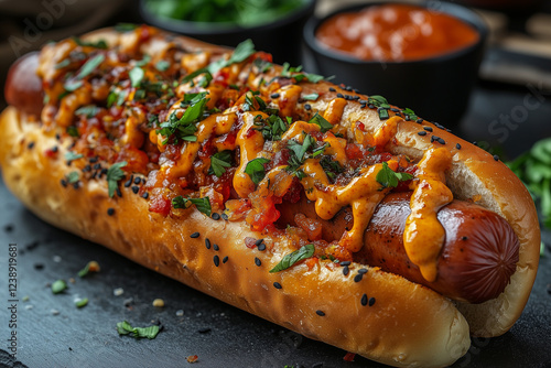 The hot dog is sprinkled with spices