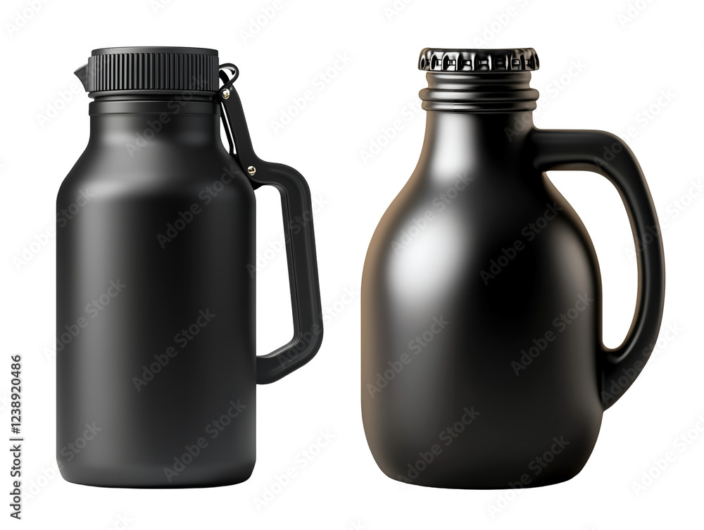 Two matte black beverage containers, growler and vacuum insulated bottle isolated on transparent background, PNG, cut out Two matte black beverage containers, growler and vacuum insulated bottle isolated on transparent background, PNG, cut out