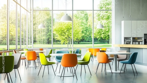 A modern office break room with large windows, green grass outside the window