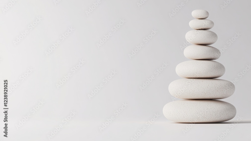 A minimalist arrangement of smooth white stones stacked in a balanced formation against a plain background, symbolizing tranquility and harmony.