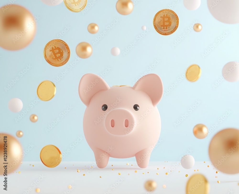 A playful piggy bank surrounded by colorful coins, symbolizing saving and financial growth in a vibrant, light setting. A playful piggy bank surrounded by colorful coins, symbolizing saving and financial growth in a vibrant, light setting.