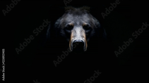 Brown bear emerging from darkness, intense wildlife portrait photo