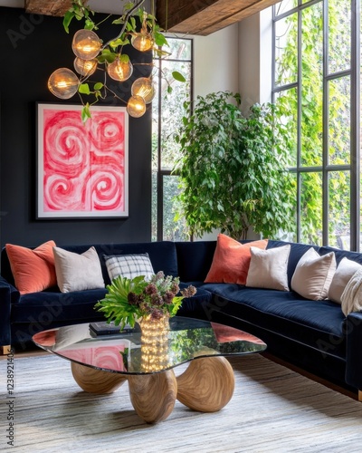 Maximalist living room with deep navy velvet sofas, neon pink wall art, gold LED accents, and a sculptural glass coffee table surrounded by vertical greenery
