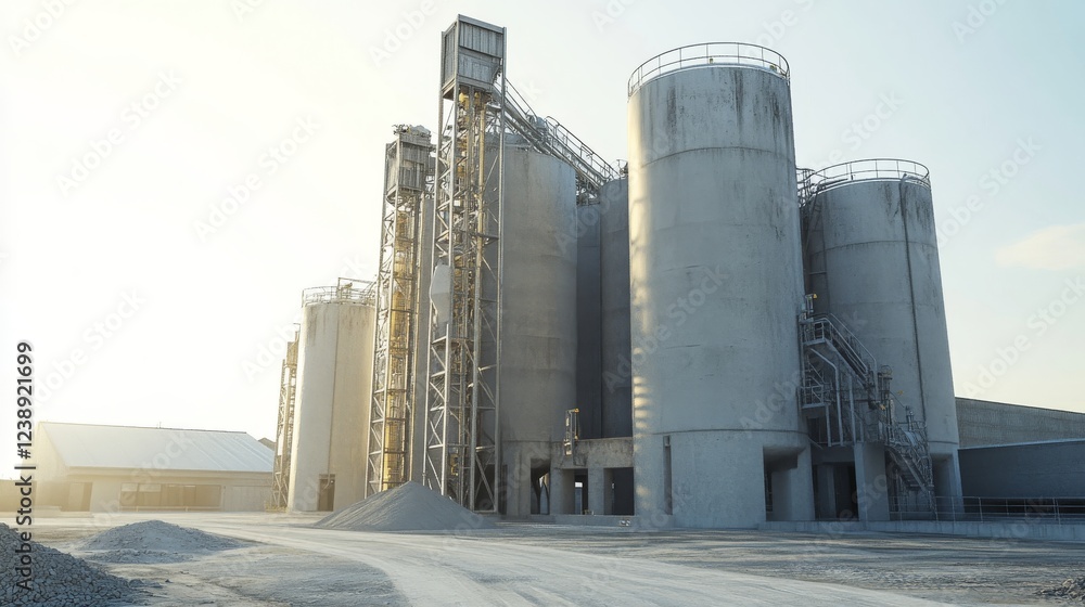 Obraz premium A large cement production plant with huge silos.