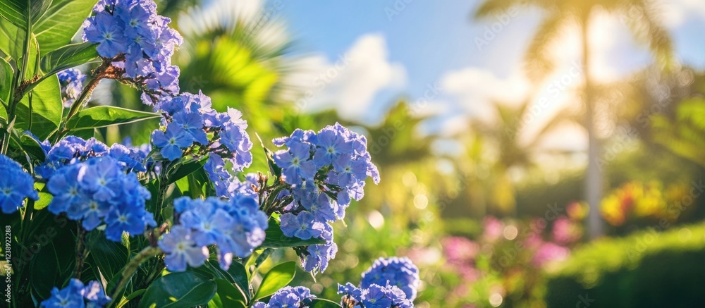 Blue Hydrangeas in Sunlit Garden with Palm Trees in Background Blue Hydrangeas in Sunlit Garden with Palm Trees in Background