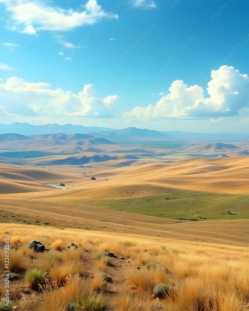 Fototapeta premium a vast, rolling landscape of hills and fields stretching towards distant mountains under a bright blue sky with scattered clouds