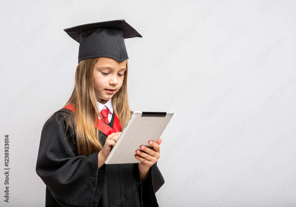 Young Girl in Graduation Gown Using a Tablet Against White Background