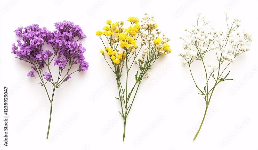 Naklejka premium Colorful gypsophila flowers on white background: purple, yellow, white blooms