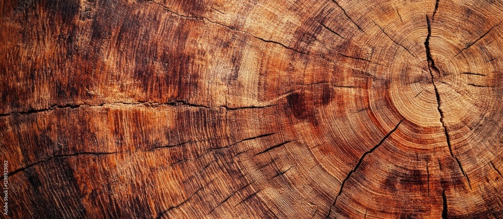 Fototapeta premium Close-up of tree trunk cross-section showing growth rings and cracks