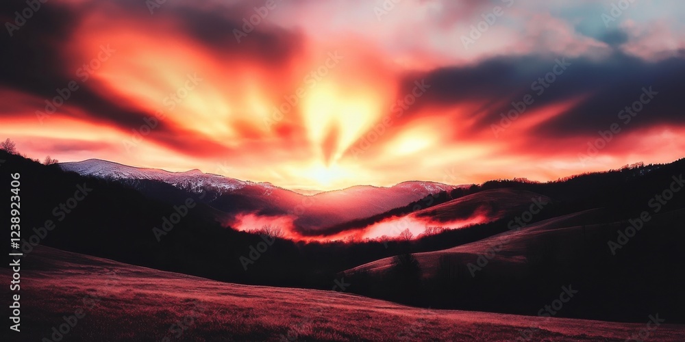 Fototapeta premium Rolling hills at sunrise elevated viewpoint vibrant landscape nature dramatic lighting