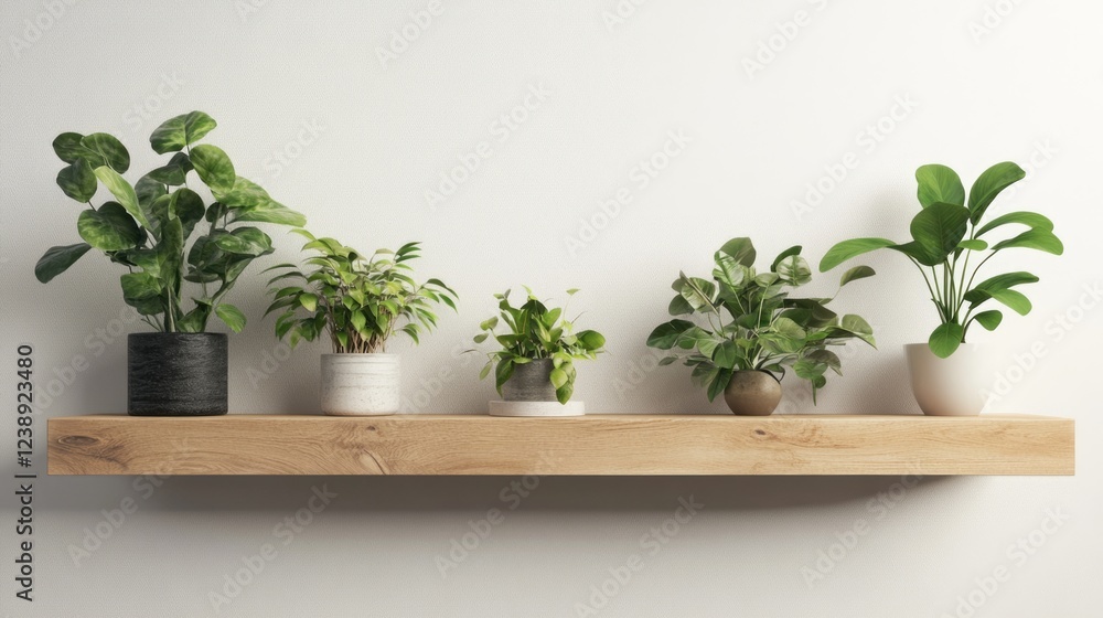 Minimalist wooden shelf with various potted green plants on light wall background. Minimalist wooden shelf with various potted green plants on light wall background.