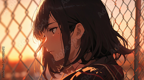 Anime Girl Contemplative by Chain-Link Fence