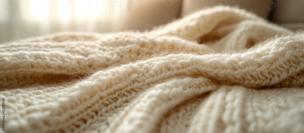 Close-up of Cozy Knitted Beige Blanket on Sofa with Soft Light and Shallow Depth of Field Close-up of Cozy Knitted Beige Blanket on Sofa with Soft Light and Shallow Depth of Field