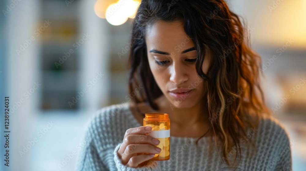 Woman holding small bottle of weight-loss pills, looking determined and focused in a minimalist, well-lit room with copy space for text. Woman holding small bottle of weight-loss pills, looking determined and focused in a minimalist, well-lit room with copy space for text.
