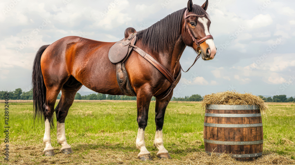 saddled horse stands next to barrel of hay in green field saddled horse stands next to barrel of hay in green field