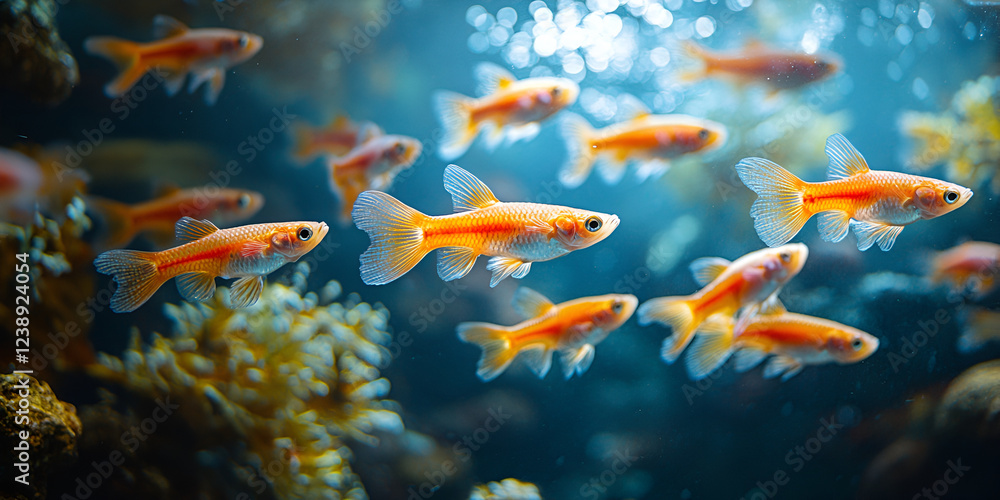 Vibrant school of guppies swimming in clear water, showcasing colorful tails and lively movement Vibrant school of guppies swimming in clear water, showcasing colorful tails and lively movement