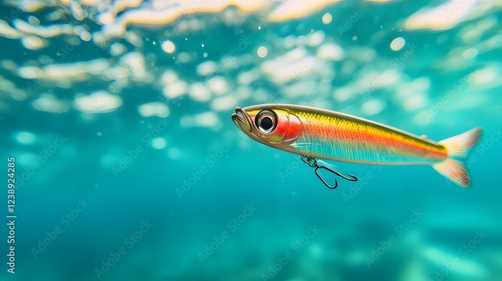 Fototapeta premium Vibrant Fishing Lure Glinting Through Underwater Waters Attracting Fish