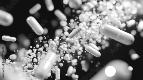 Floating Capsules and Pills in Black and White with Dramatic Lighting and Motion Blur