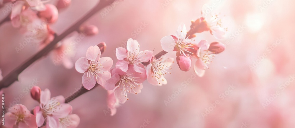 Close-up of cherry blossoms on branches with soft pink bokeh background and sun flare Close-up of cherry blossoms on branches with soft pink bokeh background and sun flare