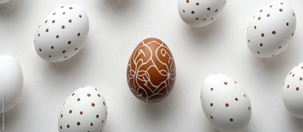 Obraz premium Decorated Easter eggs arrangement with dotted and intricately patterned designs on white surface