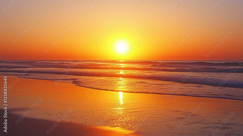 Fototapeta premium image of the sun reflecting on the water at sunset, creating a mesmerizing pattern of light and shadow. Copy space below. Sunset.Sunrise over a beach