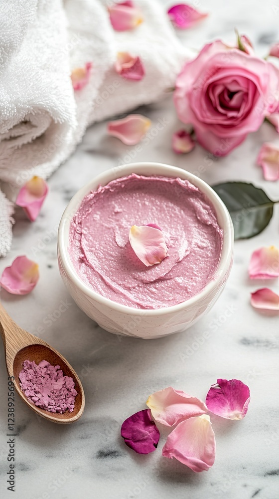 Luxurious rose clay face mask with scattered petals on a serene spa setup. pic Luxurious rose clay face mask with scattered petals on a serene spa setup. pic