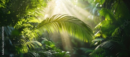 Sunlight Filtering Through Lush Green Leaves in Tropical Jungle photo