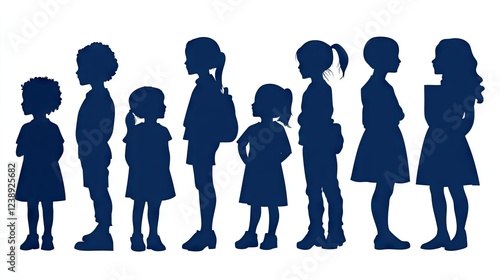 Children line up for school,  simple silhouettes, educational illustration