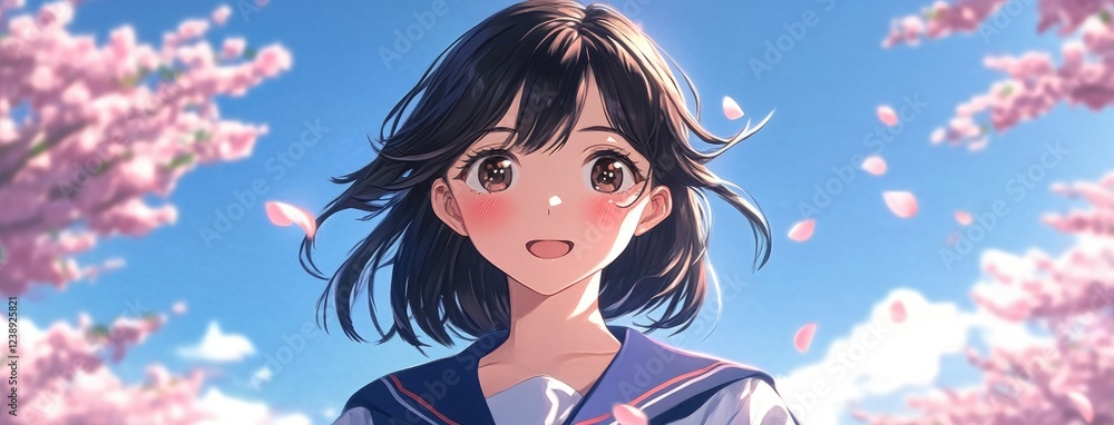 A cheerful girl stands under cherry blossoms, enjoying the spring breeze, as petals dance around her in a perfect moment. A cheerful girl stands under cherry blossoms, enjoying the spring breeze, as petals dance around her in a perfect moment.