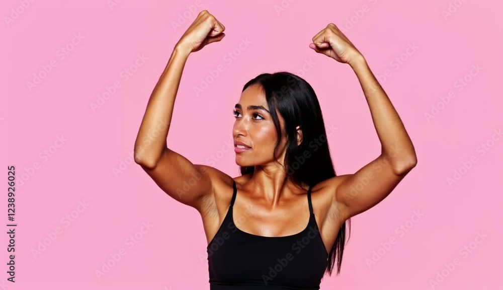 Empowered Woman Raising Fists in Solidarity Against a Pink Background Empowered Woman Raising Fists in Solidarity Against a Pink Background