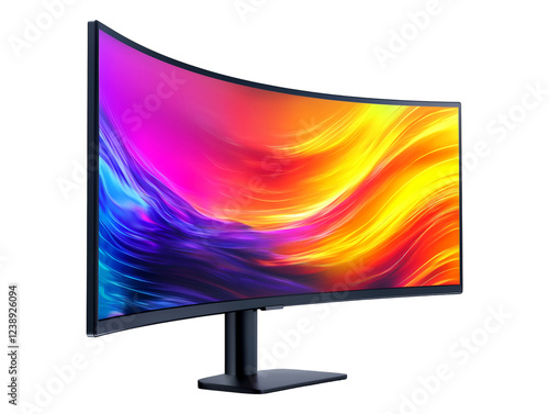 Curved monitor with abstract colorful design on the screen with an elegant black stand, isolated on transparent background, PNG, cut out