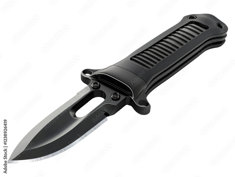 Obraz premium Black tactical folding knife with a sharp blade and textured handle, isolated on transparent background, PNG, cut out