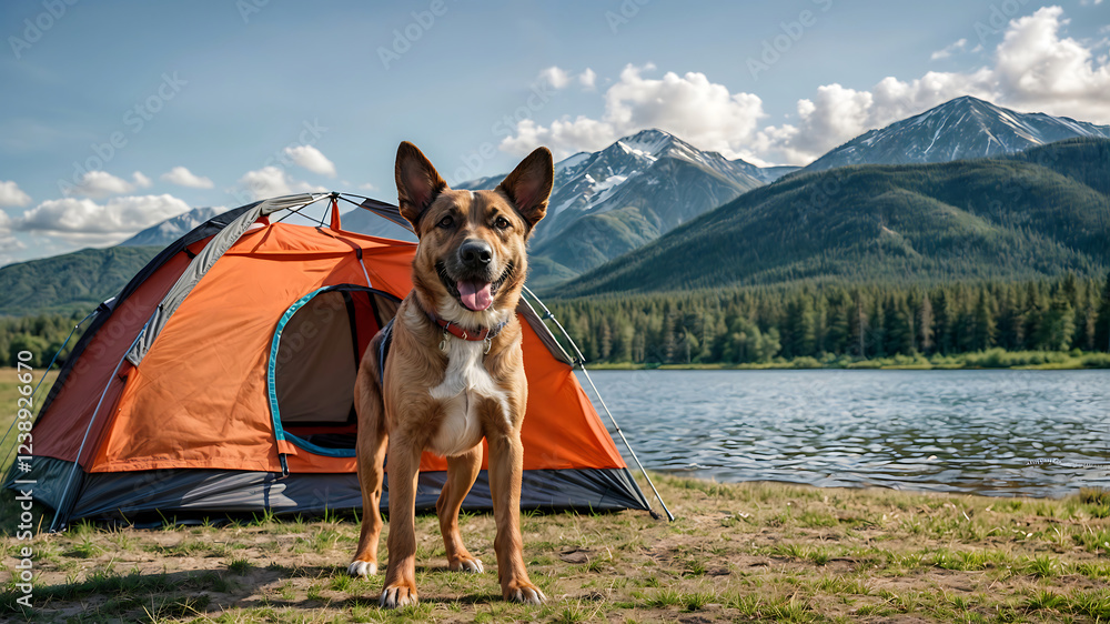 The dog stands near the tourist tent and carefully looks at the picturesque landscape The dog stands near the tourist tent and carefully looks at the picturesque landscape