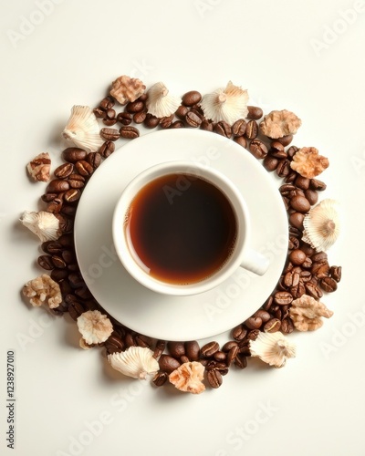 Artistic flatlay of coffee beans and cup cozy setting beverage aesthetic