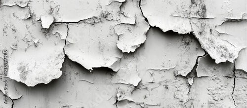 Textured close-up of weathered white paint peeling off a surface with cracks and irregular patterns suitable for backgrounds Copy Space photo