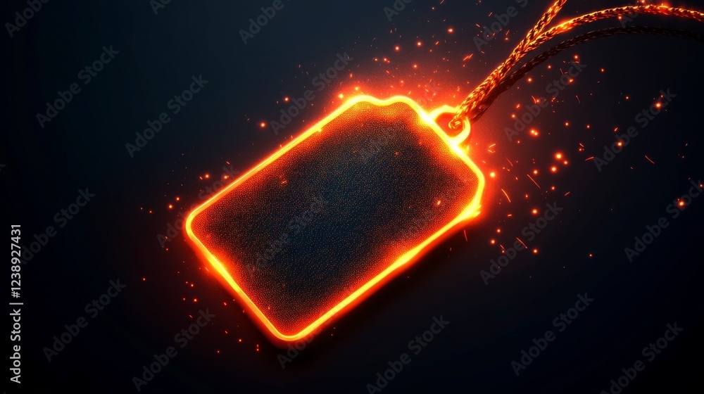 Obraz premium Burning label hanging on fire on dark background with sparks