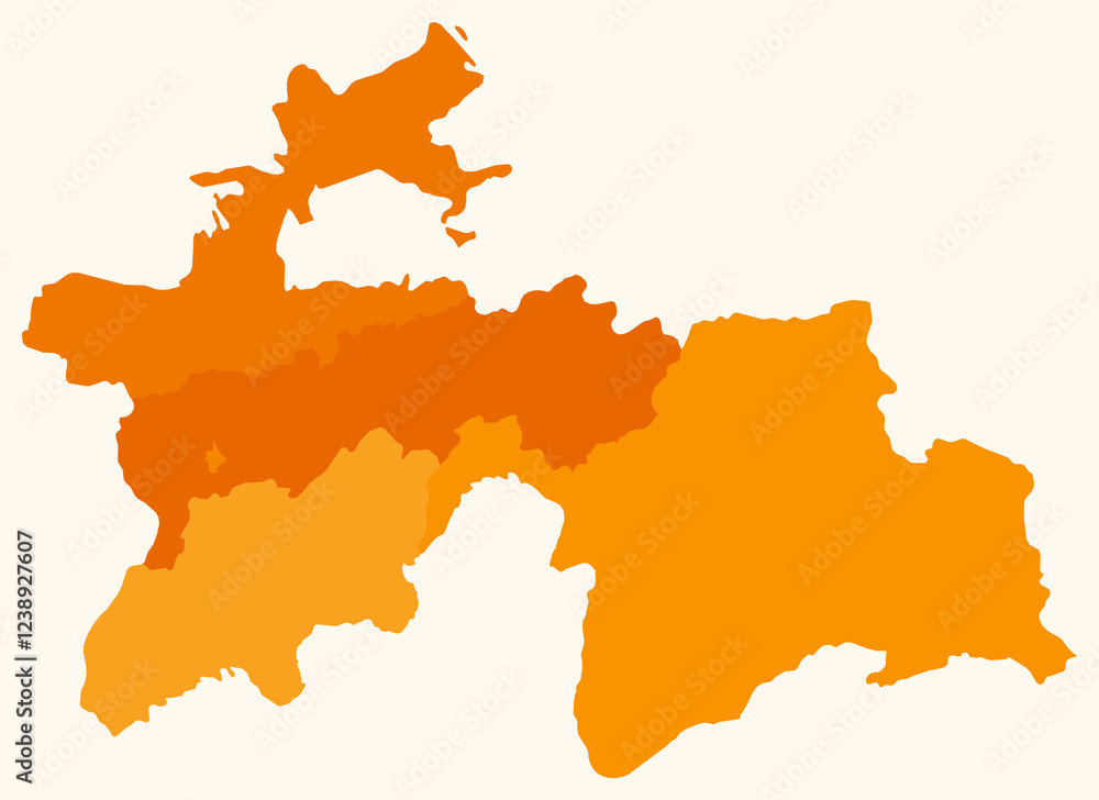Map of Tajikistan with regions. Just a simple country border map with region division. Orange color palette. Plain Tajikistan shape with administrative division. Vector illustration. Map of Tajikistan with regions. Just a simple country border map with region division. Orange color palette. Plain Tajikistan shape with administrative division. Vector illustration.