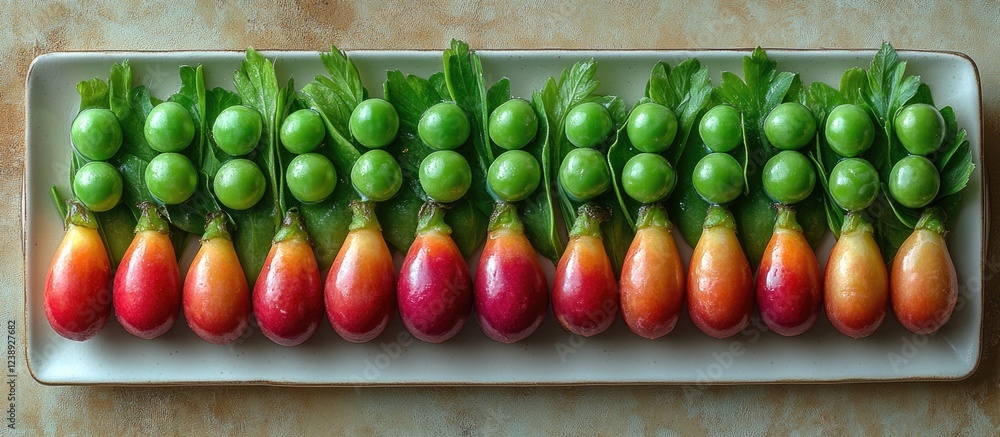 Colorful arrangement of fresh radishes and green peas on a serving platter with natural light Copy Space Colorful arrangement of fresh radishes and green peas on a serving platter with natural light Copy Space