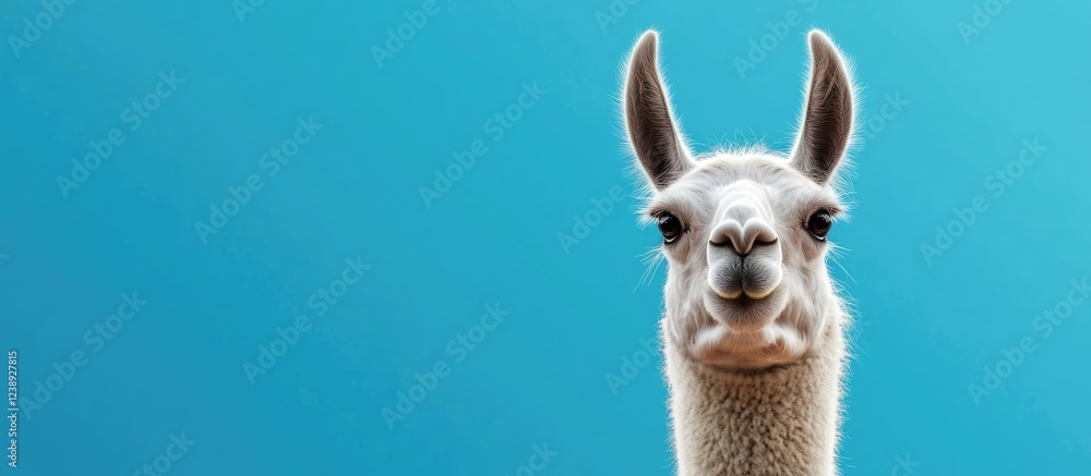 Fototapeta premium Llama head close-up with clear blue background and copy space for text