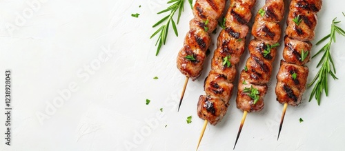 Grilled meat skewers garnished with fresh herbs on a light background with Copy Space photo