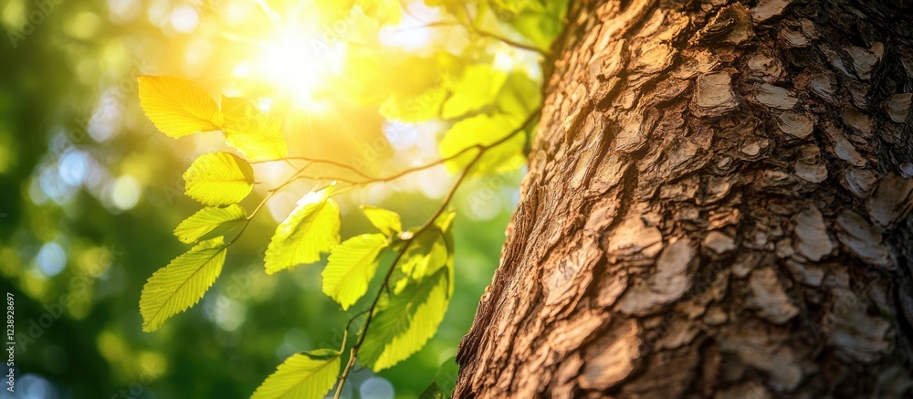 Obraz premium Close-up of tree bark with green leaves and sunlight filtering through branches, natural background with soft bokeh, Copy Space