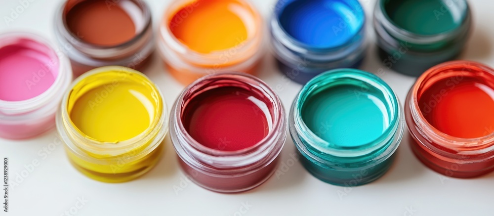 Colorful paint jars arranged in a row with various hues including pink, yellow, red, and blue with white background and Copy Space Colorful paint jars arranged in a row with various hues including pink, yellow, red, and blue with white background and Copy Space