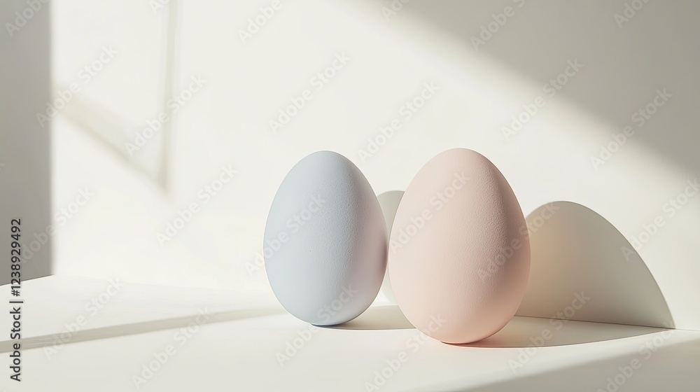 Fototapeta premium Minimalistic pastel eggs with abstract shapes, white background, text space.