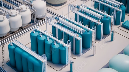 3D Schematic of a Seawater Desalination System with Various Stages Shown photo